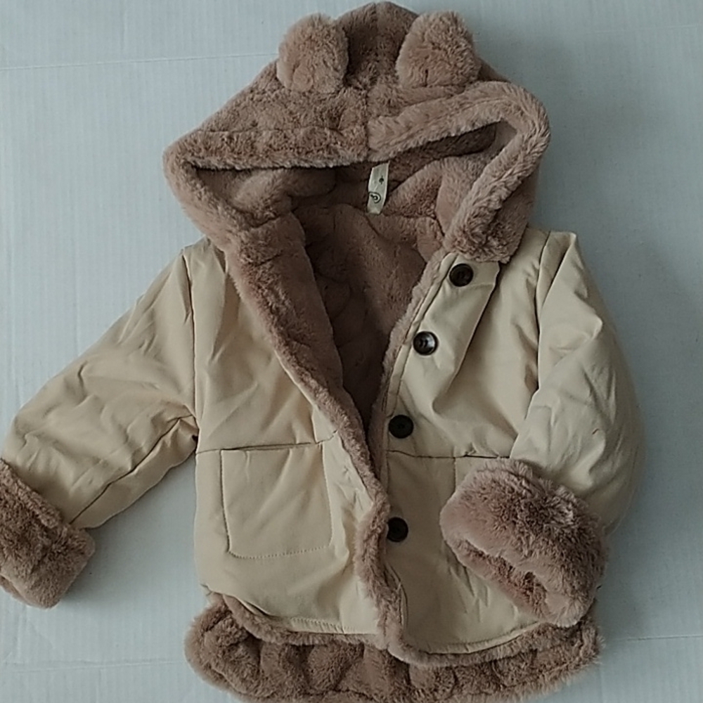 B Boys 9mo Faux Fur Lined Jacket with Bear Hood. 9M